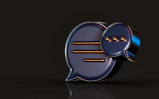 3d render gold metallic message icon on dark background concept for chat conversation social media