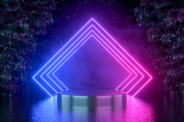 istock Empty product podium with Christmas tree and neon glowing lights 1424810385