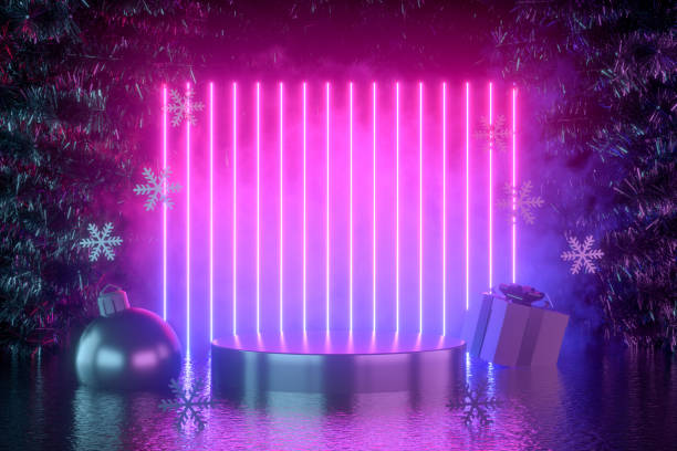 Empty product podium with Christmas tree, ornaments and neon glowing lights