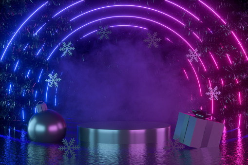 3d rendering of empty product podium with Christmas tree, ornaments and neon glowing lights, copy space for advertisement.