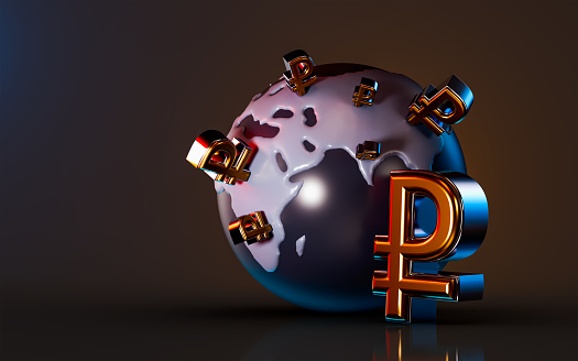 Russian ruble icon on dark background 3d render concept for currency coin money symbol in Russia