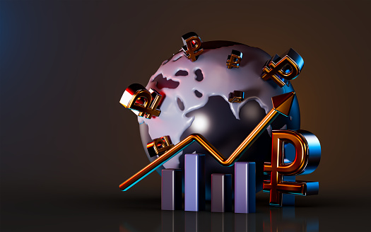 Russian ruble chart grow up icon on dark background 3d render concept for economy profit symbol