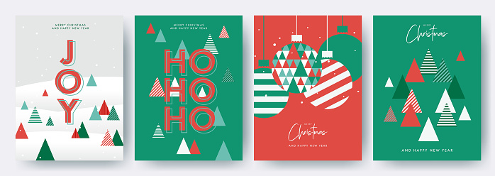 Merry Christmas and Happy New Year Set of greeting cards, posters, holiday covers. Modern Xmas design with triangle firs pattern in green, red, white colors. Christmas tree, ball, decoration elements