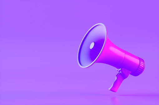 3d rendering of megaphone with neon lighting, advertisement, announcement message.