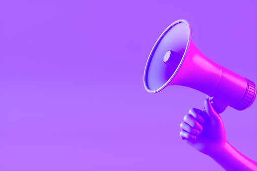 3d rendering of megaphone. Man is holding megaphone in his hand. Advertisement, sale, announcement message.