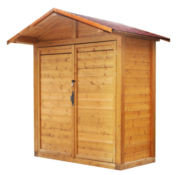 Wooden shed stall market stand or log cabin house isolated on white background. Object made of wood for selling stock stock photo
