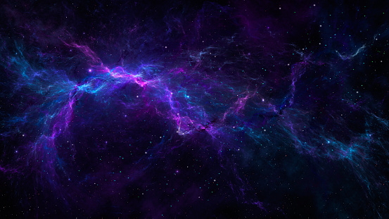 Space background. Colorful fractal blue and violet nebula with star field. 3D rendering