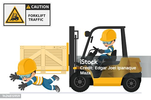 istock Industrial worker driving a forklift in an accident to a worker. Danger and caution sign for forklift traffic. Work accident in a warehouse. Security First. Industrial Safety and Occupational Health 1424815959