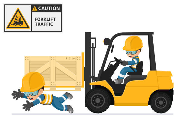 Industrial worker driving a forklift in an accident to a worker. Danger and caution sign for forklift traffic. Work accident in a warehouse. Security First. Industrial Safety and Occupational Health Industrial worker driving a forklift in an accident to a worker. Danger and caution sign for forklift traffic. Work accident in a warehouse. Security First. Industrial Safety and Occupational Health safety first at work stock illustrations