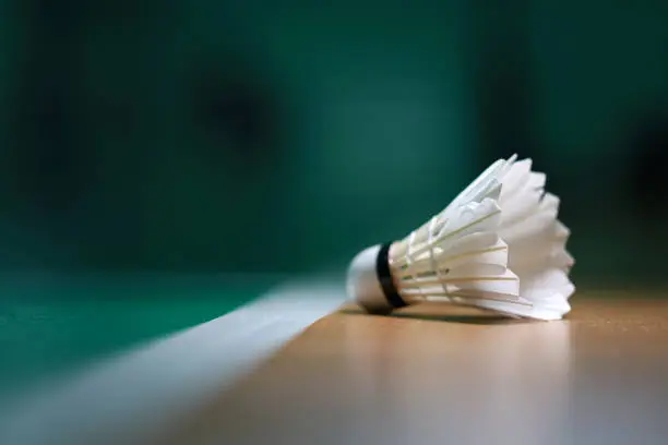 Close-Up Of Shuttlecock On A Green Badminton Court, Low Angle View, Copy Space