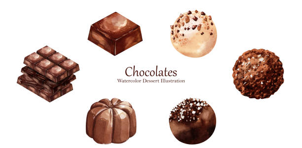 illustrazioni stock, clip art, cartoni animati e icone di tendenza di collezione acquerello di cioccolato dolce disegno vettoriale - chocolate candy bar block cocoa