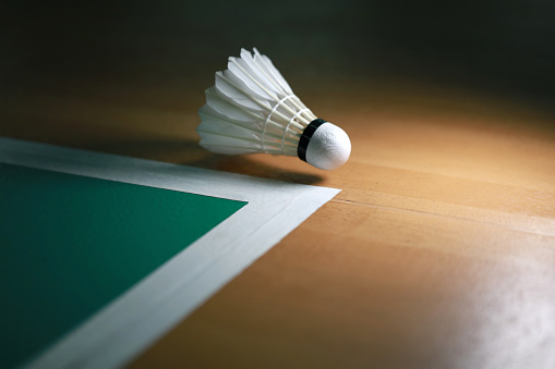 Close-Up Of Shuttlecock Floating On A Green Badminton Court, Low Angle View