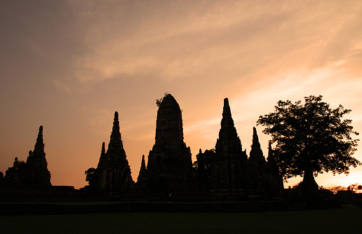 In Silhouette Old Temple wat Chaiwatthanaram of Ayutthaya Province (Ayutthaya Historical Park)