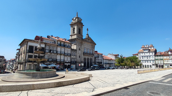 Guimaraes, Portugal - August 14, 2022 : Toural Square (Largo do Toural) is one of the most central and important squares in Guimaraes, Portugal