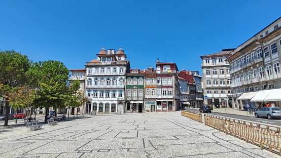 Guimaraes, Portugal - August 14, 2022 : Toural Square (Largo do Toural) is one of the most central and important squares in Guimaraes, Portugal