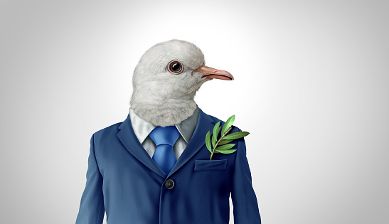 Diplomacy And Peace process symbol as a dove in a business suit representing a diplomat or negotiator for a treaty or conflict resolution with an olive branch with 3D illustration elements.