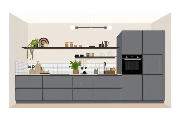Vector illustration of Modern kitchen interior. Kitchen with furniture, cupboard, fridge, stove, sink, microwave and shelf.
