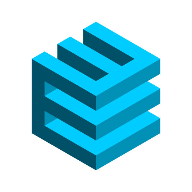 Triple E cube logo. 3D letter E cube. Blue geometric hexagon shape. Electronics industry concept. Three layers object. Construction and building ideas. Box monogram. Vector illustration, clip art. 3d corporate logo stock illustrations