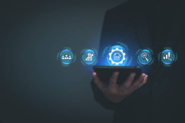 istock Business management. Businessman using tablet to analyze and manage business within his company. Investment planning, trading stocks, managing by modern technology Visual screen on tablet. Copy space. 1424828262