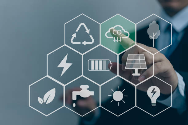 istock Carbon environmental global warming, management growth change dioxide climate gas future strategy business technology earth eco ecology.Hand touching screen virtual concept. 1424828355