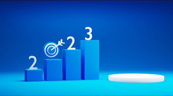 2023 growth chart and Bull's eye target and pedestal podium platform on the colored background