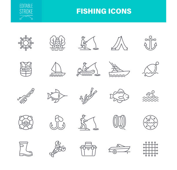 Fishing Icons Editable Stroke vector art illustration