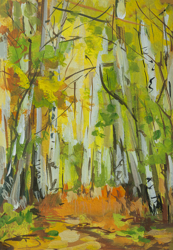 Autumn yellow trees gouache painting. A clearing with bright birches. Autumn colorful landscape. Original painting, layout for a greeting card. Illustration of golden autumn. Natural art background