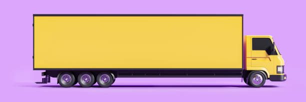 istock Bright long truck on violet background. Mockup copy space 1424833419