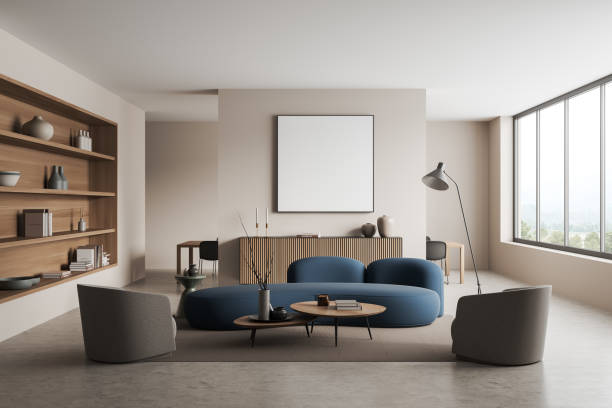 istock Light chill room interior with couch and window, drawer and mockup frame 1424833608