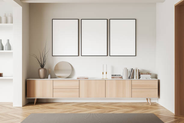 istock Light exhibition interior with dresser and decoration, mockup frames 1424833637