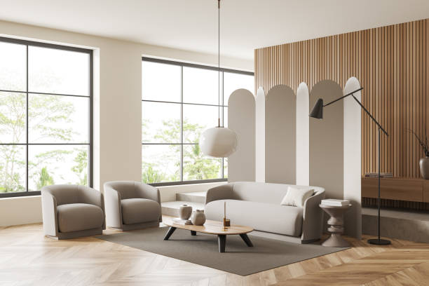 istock Cozy relax room interior with seats and coffee table, panoramic window 1424834238