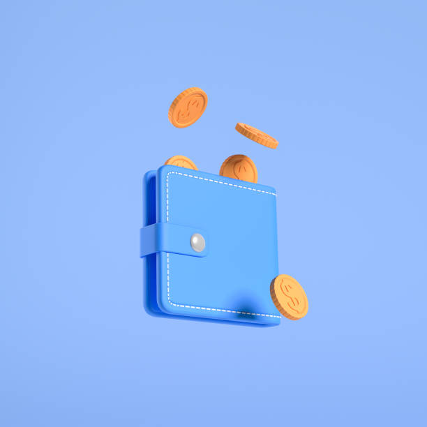 istock Wallet and falling coins on blue background, finance 1424834322