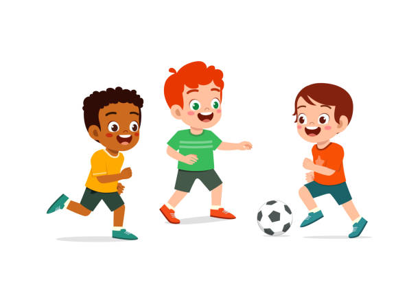 kleines kind spielt fußball zusammen mit freund - jugendfußball stock-grafiken, -clipart, -cartoons und -symbole