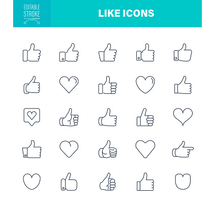 Like Icon Set Editable Stroke. Contains such icons as Feedback, Thumbs Up, Like Button, Enjoyment, Heart Shape