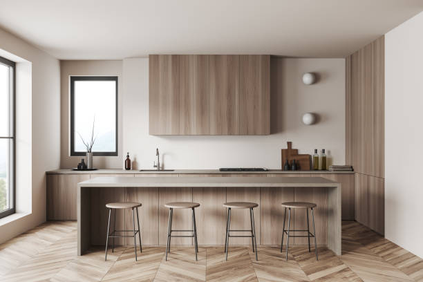 istock Wooden kitchen interior with island and chairs, kitchenware and window 1424834977