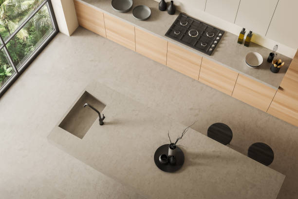 istock Top view of kitchen interior with countertop, kitchenware and panoramic window 1424835149