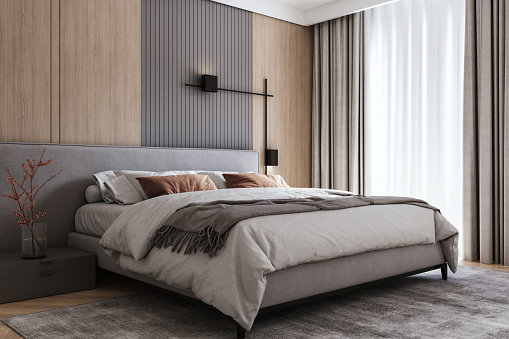 Modern interior of bedroom with gray and wooden furniture, 3d render