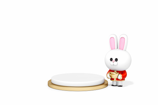 3d Rabbit Chinese Zodiac sign character with podium display stand on white background 3d rendering. 3d illustration greeting for Happiness, Prosperity, Longevity. Chinese new year festival.