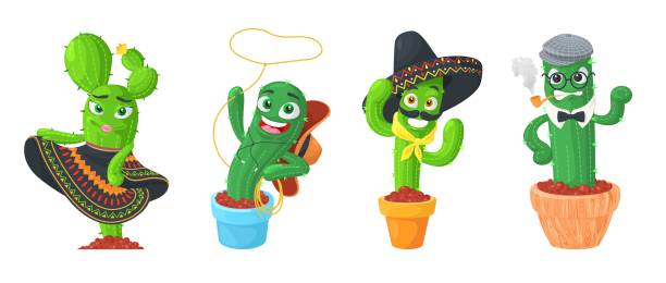 ilustrações de stock, clip art, desenhos animados e ícones de cute cactus vector illustration cartoon flower set - cheerful cactus