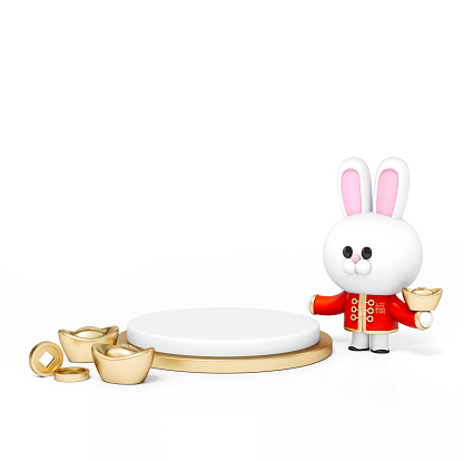 3d Rabbit Chinese Zodiac with Chinese golden ingots and podium display stand on white background 3d rendering. 3d illustration greeting for Richness concept. Chinese new year festival.