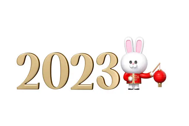 Photo of Happy new year 2023, Year of the rabbit, Chinese Zodiac sign 3d Rabbit on white background 3d rendering. 3d illustration greeting for Happiness, Prosperity and Longevity. Chinese new year festival.