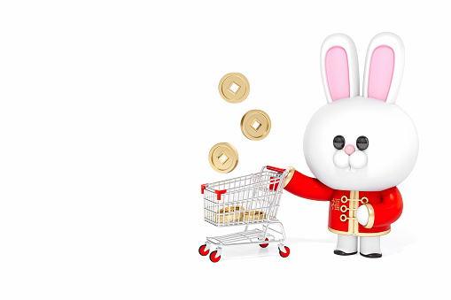 3d Rabbit Chinese Zodiac sign character with ancient Chinese gold coin floating on shopping cart 3d rendering. 3d illustration greeting for Richness concept. 2023 Chinese new year festival.