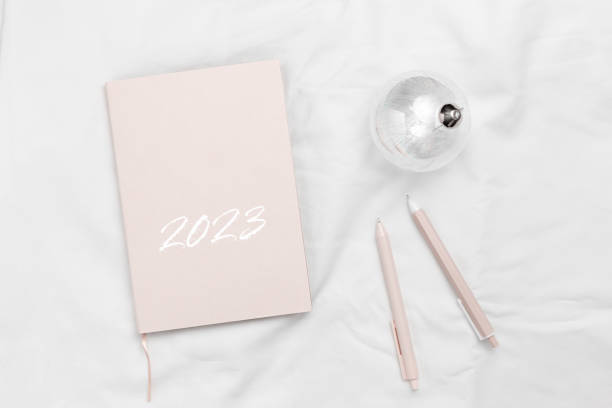 istock Minimal Concept feminine working place, work or blogging, New Year resolution, new goals, planning and setting goals for 2023 year. Pastel pink diary book, pen, trend xmas glass ball on white 1424845392