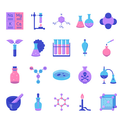 Chemistry science icon set in flat style. Chemical laws and symbols. Vector illustration.