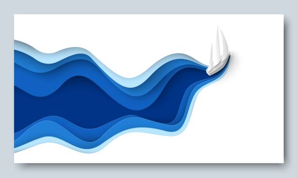 Paper cut sail boat over sea wave vector Paper cut sail boat over sea wave vector. 3d craft art design. Travel background. Water cruise illustration. Nautical voyage, tour on yacht during vacation time advertisement sailboat stock illustrations