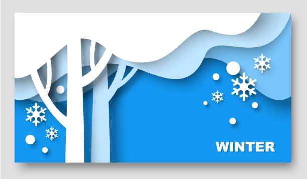 winter banner saison papier geschnitten 3d vektor design - snowflake winter blue paper stock-grafiken, -clipart, -cartoons und -symbole