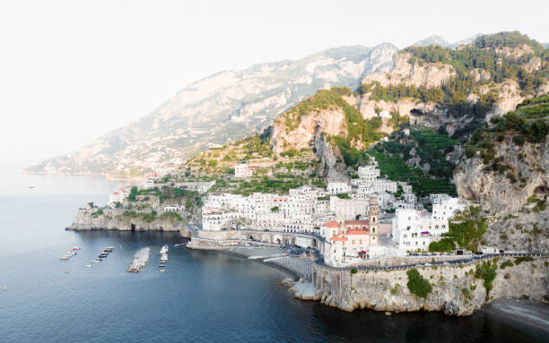View from above, stunning aerial view of the village of Atrani. Atrani is a city and comune on the Amalfi Coast in the province of Salerno in the Campania region of south-western Italy. stock photo