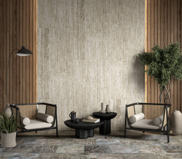 istock Interior with armchairs, decor and wood and stone wall panel, loft, contemporary style. 3d render illustration mockup. 1424847929