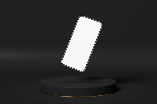 Black gold presentation podium with phone, zero gravity. 3d render illustration mockup.