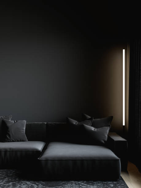istock Minimalist, black, contemporary interior with sofa, lamp and pillows. 3d render illustration mockup. 1424848086